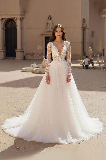 Tulle ivoire Une ligne col V dentelle Robe de mariée longue à manches longues
